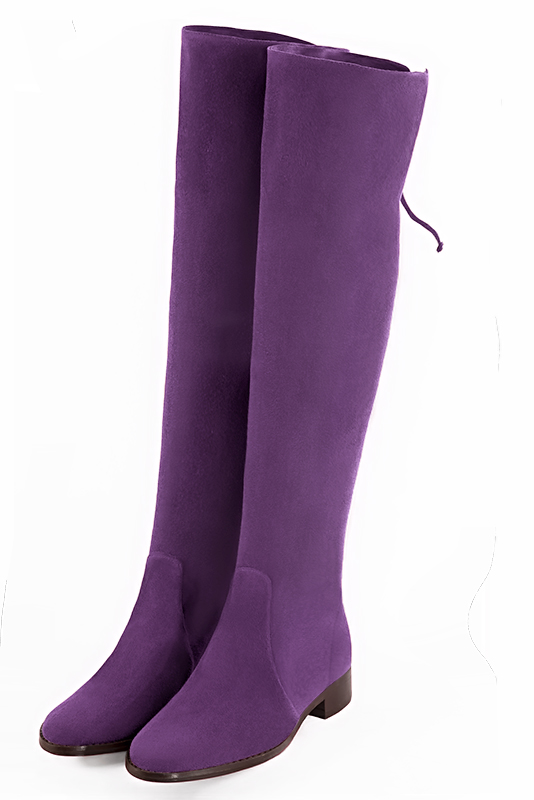 Amethyst purple women's leather thigh-high boots. Round toe. Flat leather soles. Made to measure - Florence KOOIJMAN